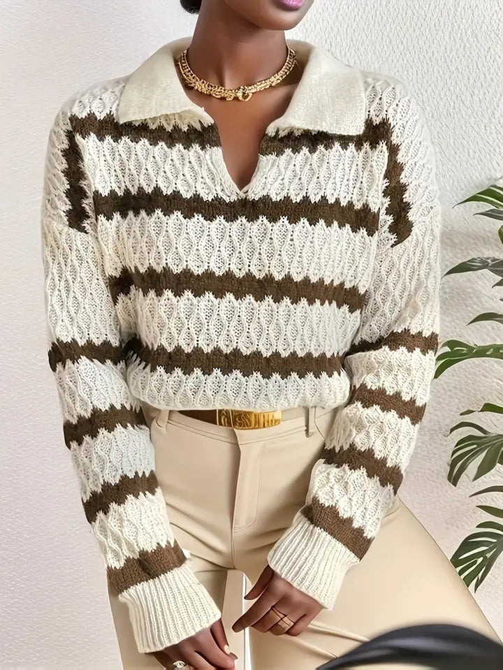 Einzigartiger Gestreifter Strickpullover In Aprikose Für Frauen Mivona