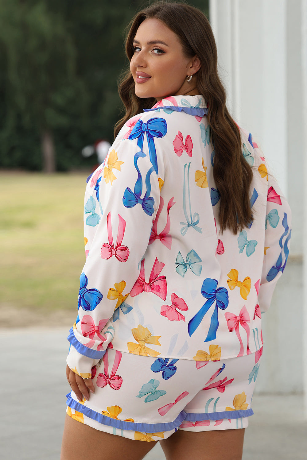 Himmelblaues Pyjama-Set mit Schleifenmuster Für Frauen Mivona