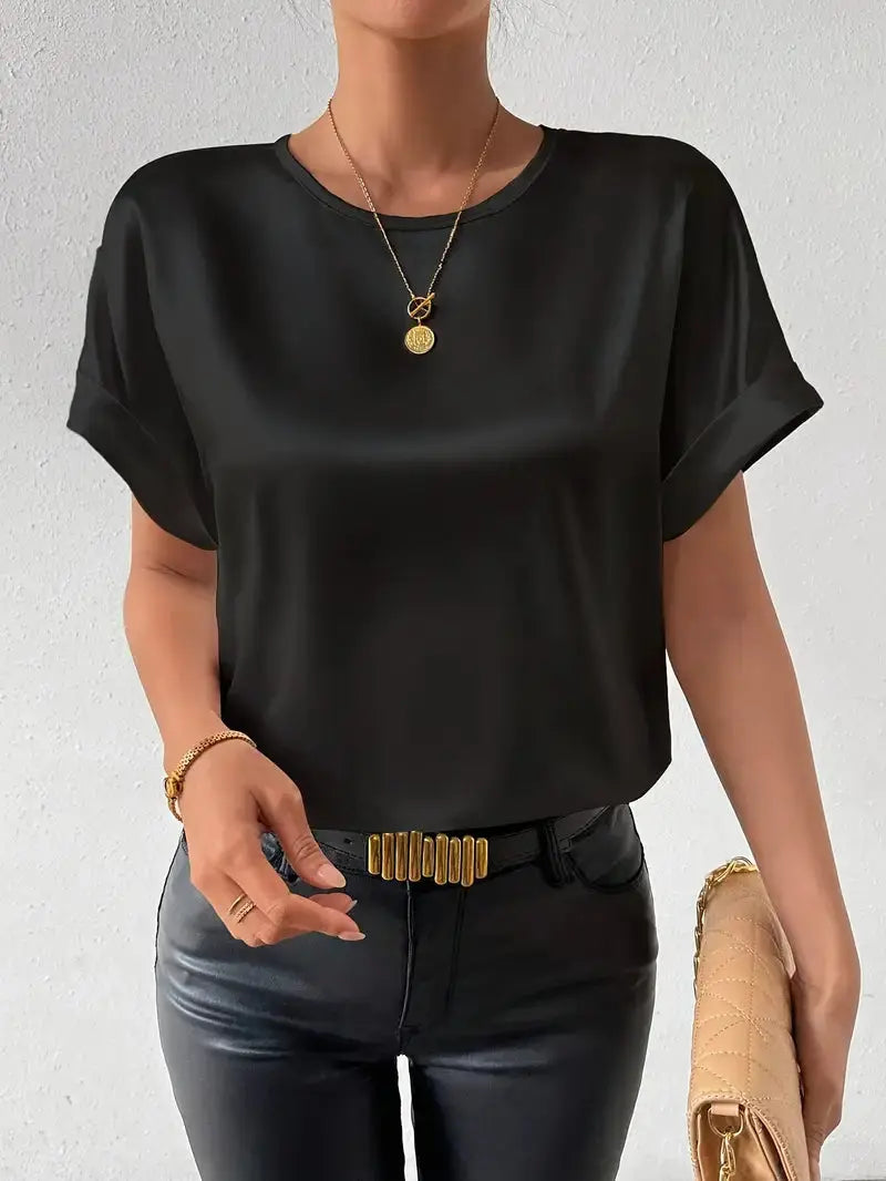 T Shirt mit Satin Finish und aufgerollten Ärmeln für Frauen Mivona