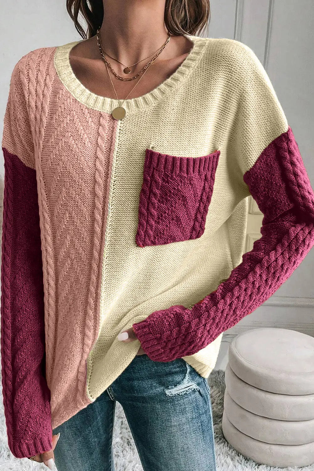 Zopfmuster Colorblock Strickpullover für Winter Damen