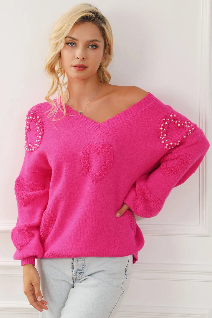 Rosa Strickpullover mit Perlenherz Details für Frauen Mivona