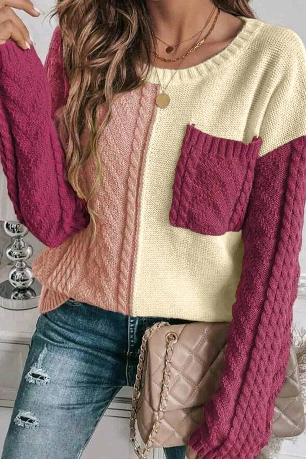 Zopfmuster Colorblock Strickpullover für Winter Damen