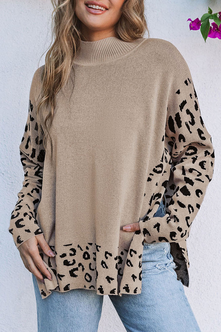 Khaki Leoparden-Print-Pullover Mit Seitenschlitzen Für Frauen Mivona