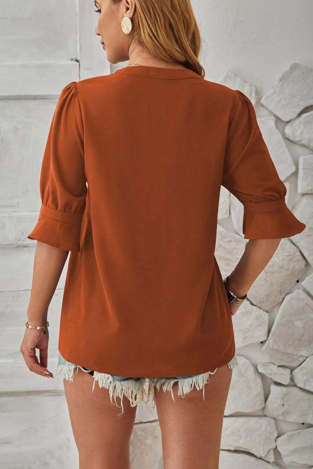 Schicke Bluse mit Halbarm und V Ausschnitt mit Schlitz Für Frauen Mivona