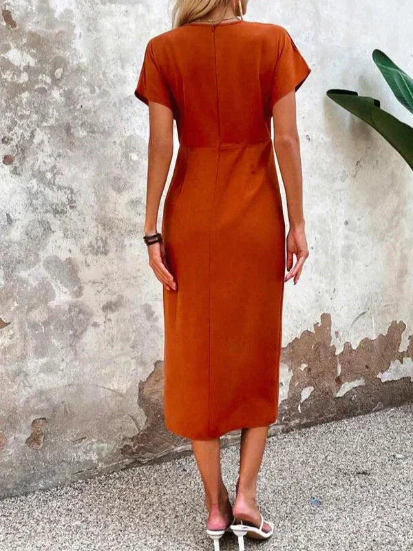 Oranges V-Ausschnitt Midikleid mit Schlitz Für Frauen