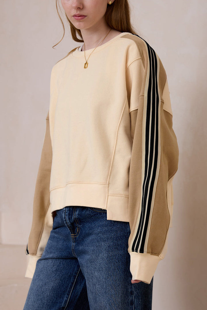 Beigefarbenes Sweatshirt mit Streifen-Patchwork Für Frauen Mivona