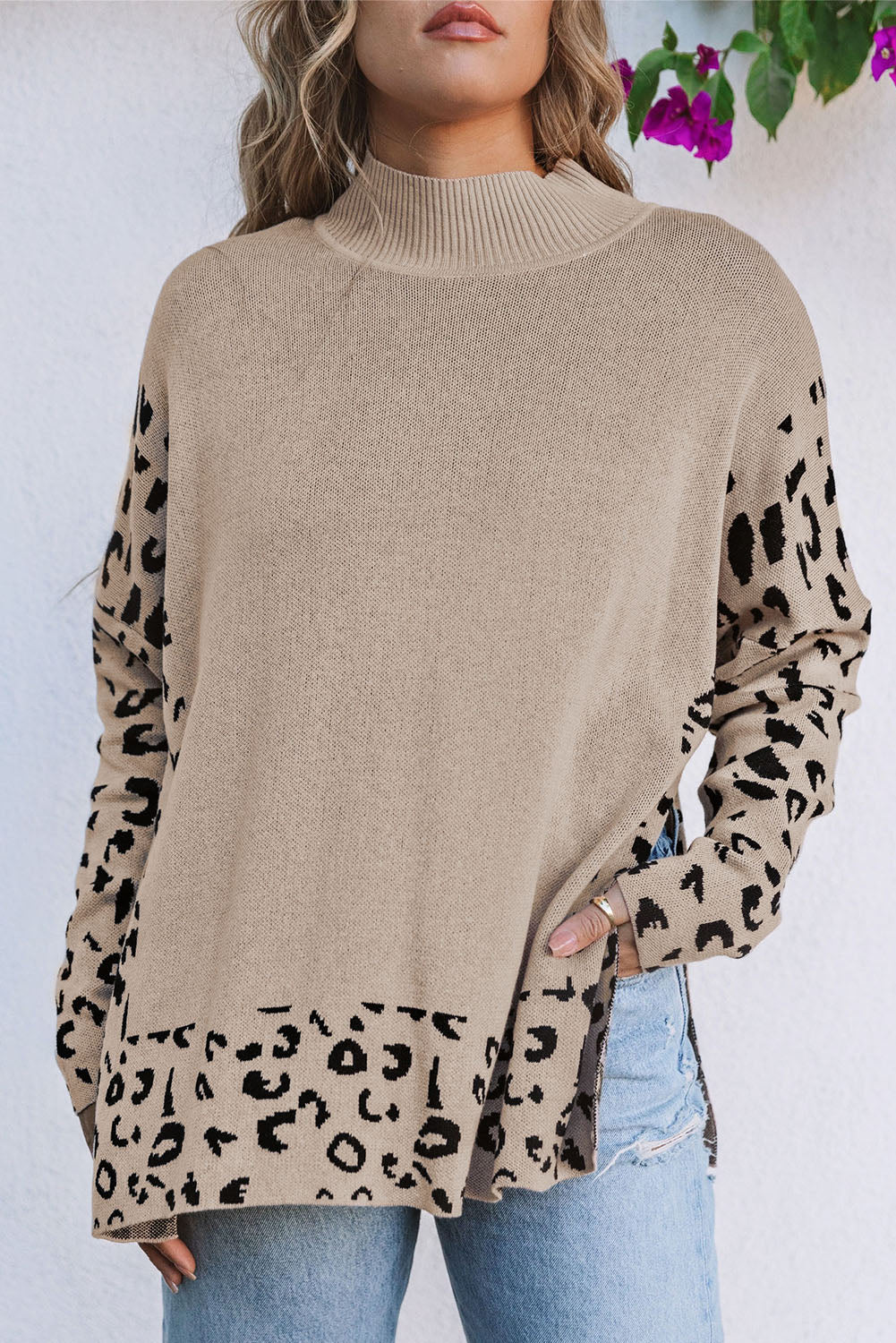 Khaki Leoparden-Print-Pullover Mit Seitenschlitzen Für Frauen Mivona