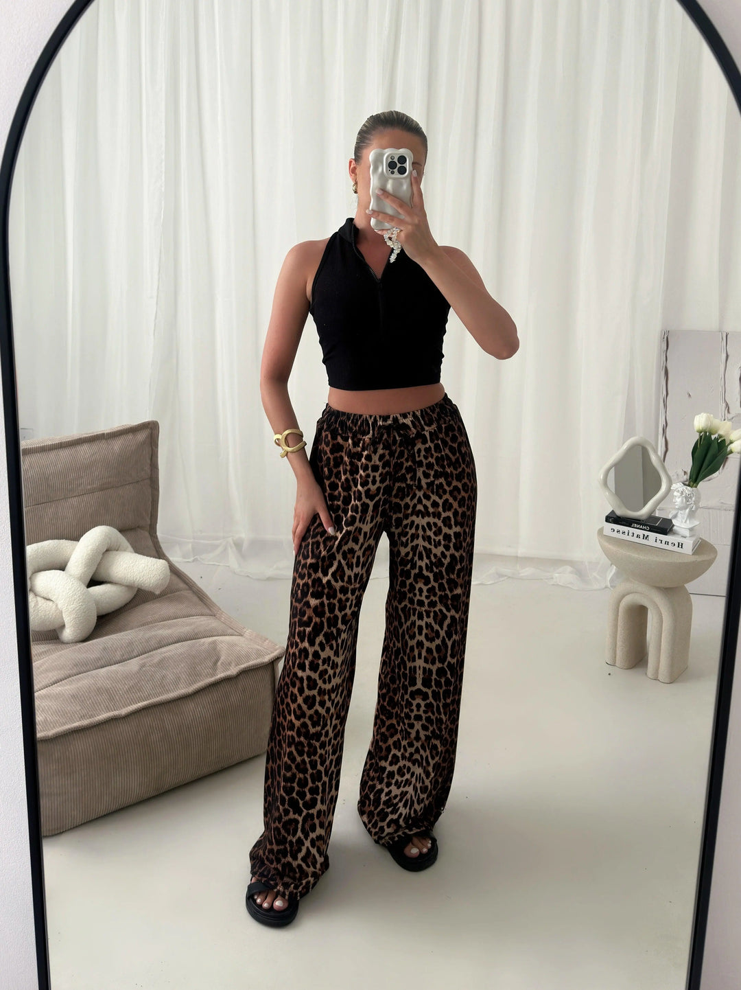 Leopardenmuster Hose mit verstellbarem Bund für Frauen Mivona