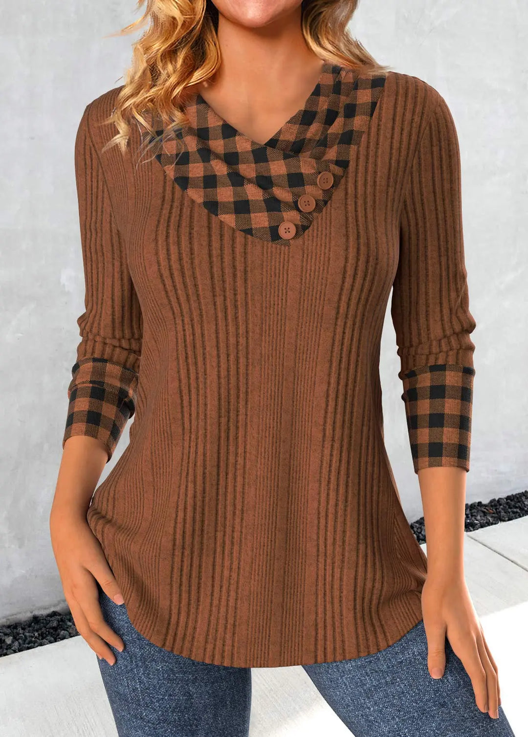 Sweatshirt Mit Ausschnitt Und Karo-Patchwork Für Frauen Mivona