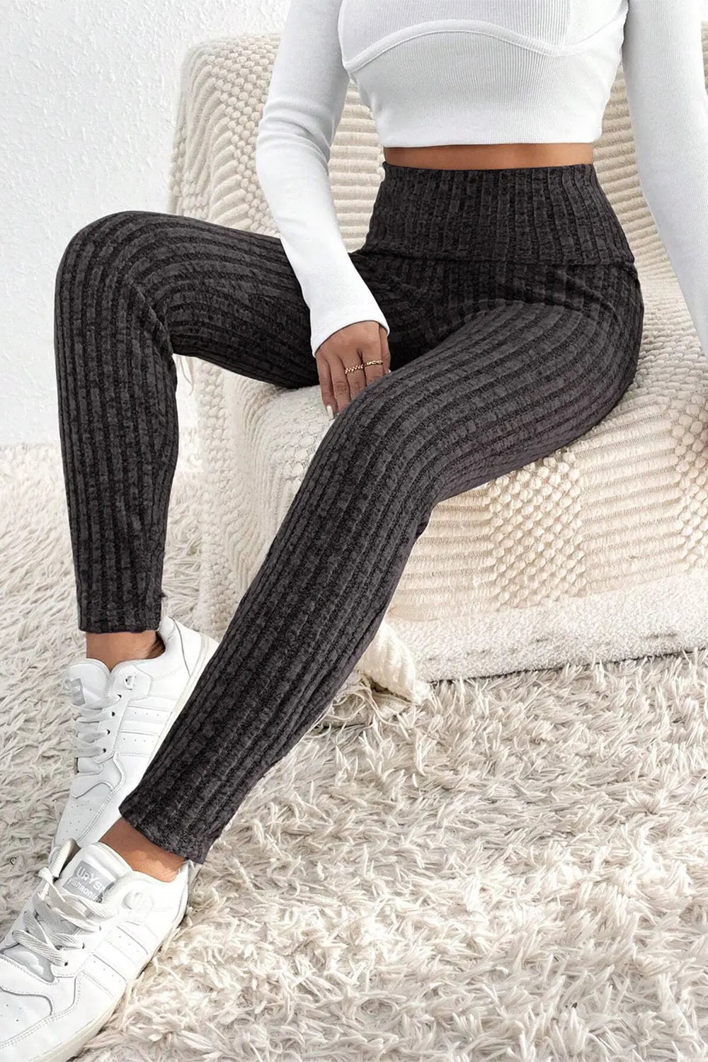 Dunkelgraue Strickleggings Mit Breitem Bund Für Frauen Mivona