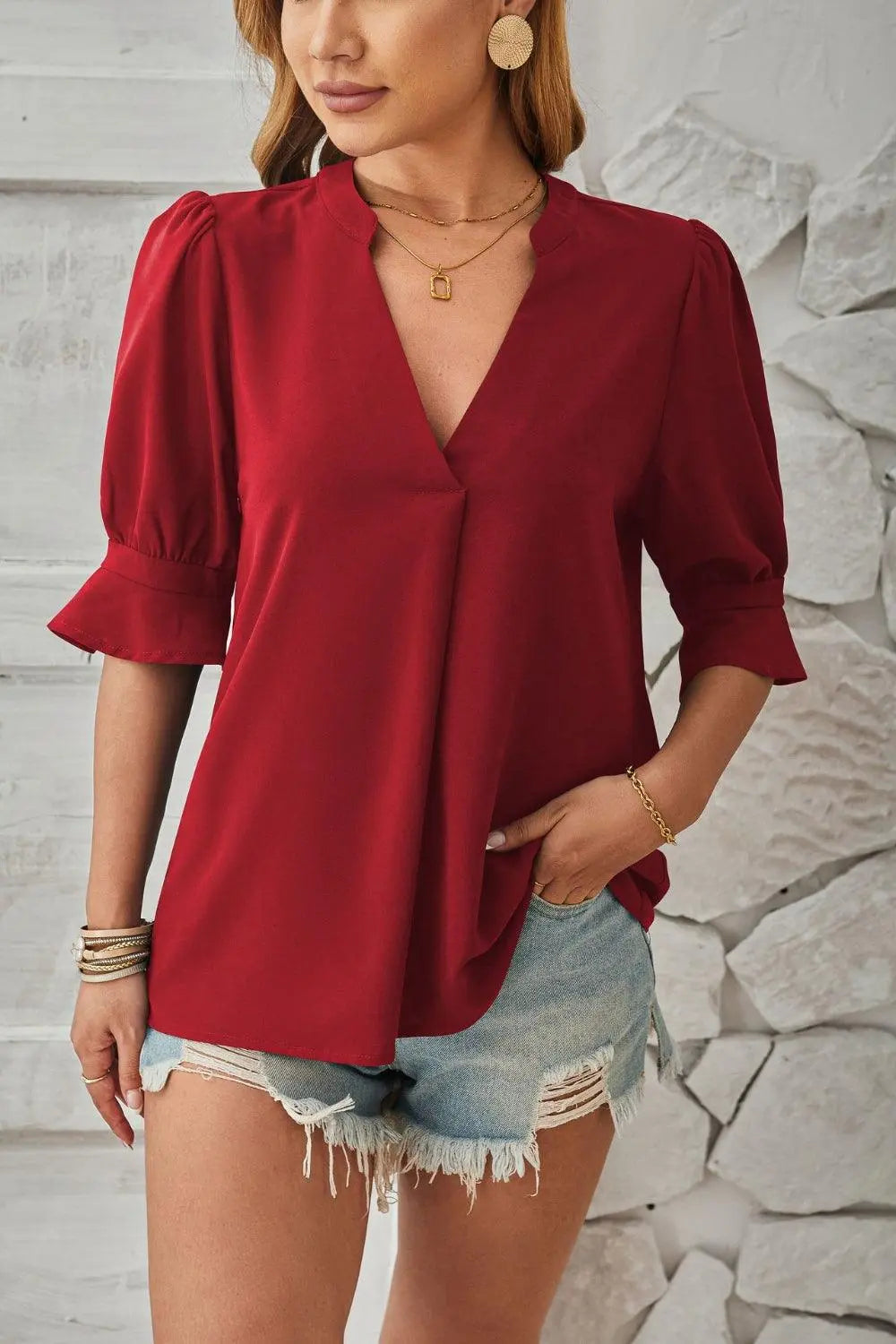 Schicke Bluse mit Halbarm und V Ausschnitt mit Schlitz Für Frauen Mivona