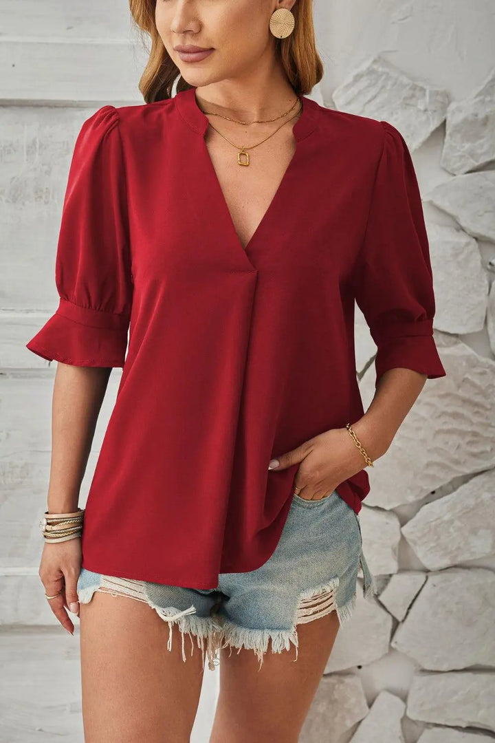 Schicke Bluse mit Halbarm und V Ausschnitt mit Schlitz Für Frauen Mivona