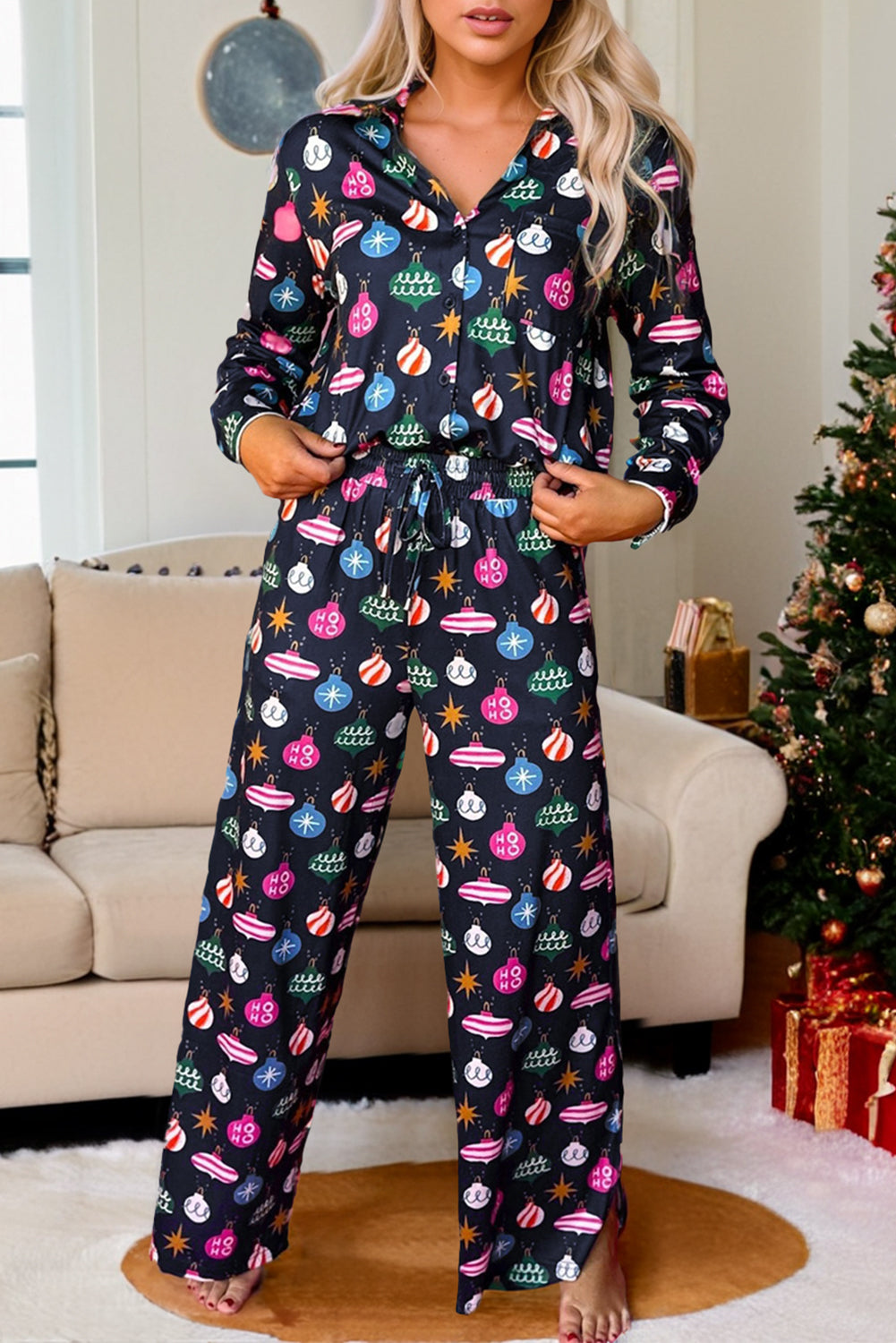 Pyjama-Set mit Weihnachtslichter-Muster Für Frauen Mivona