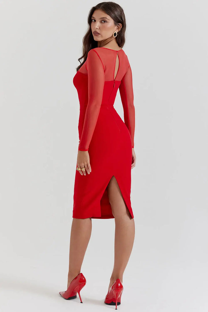 Scharlachrotes Midikleid mit Tiefem V Ausschnitt für Frauen Mivona