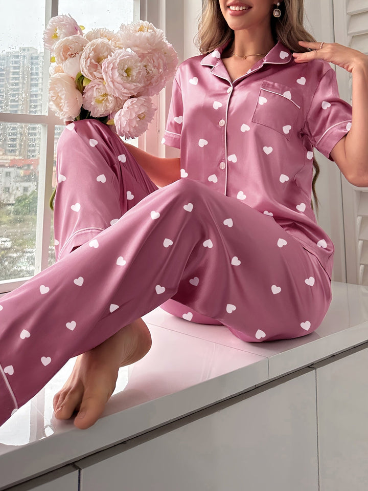 Satinschlafanzug Set mit Kurzarm und Elastischer Hose für Frauen