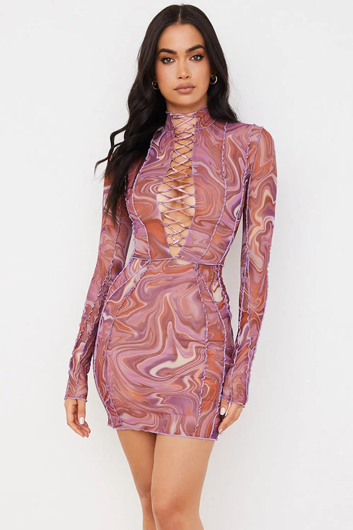 Bedrucktes Mesh Minikleid mit Spitze für Frauen Mivona