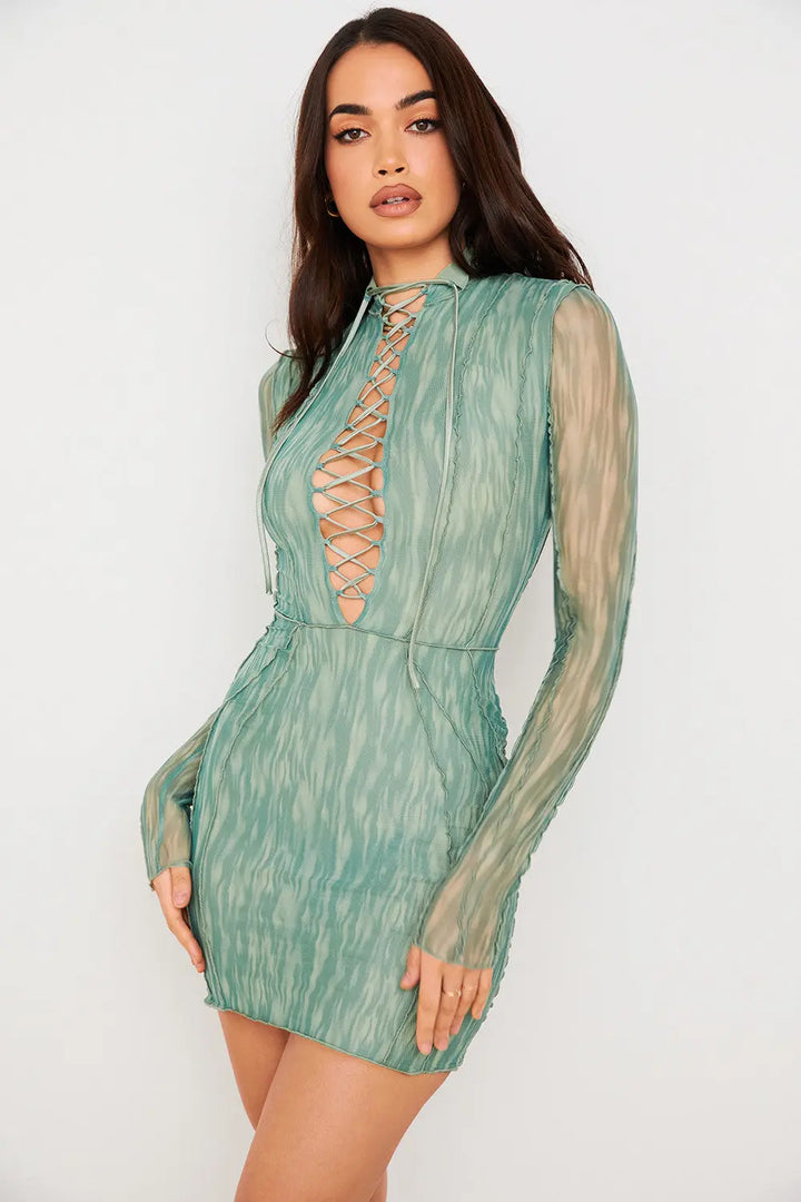 Bedrucktes Mesh Minikleid mit Spitze für Frauen Mivona