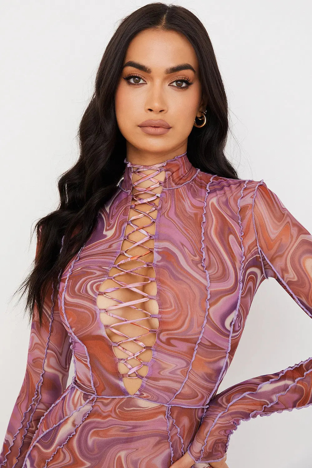 Bedrucktes Mesh Minikleid mit Spitze für Frauen Mivona