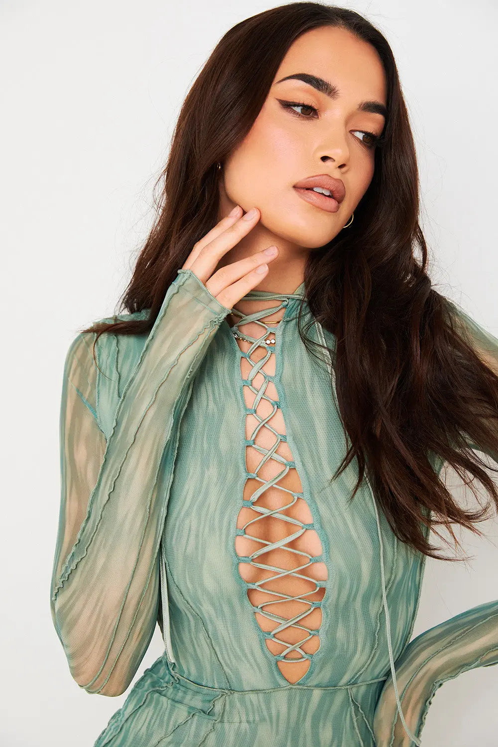 Bedrucktes Mesh Minikleid mit Spitze für Frauen Mivona