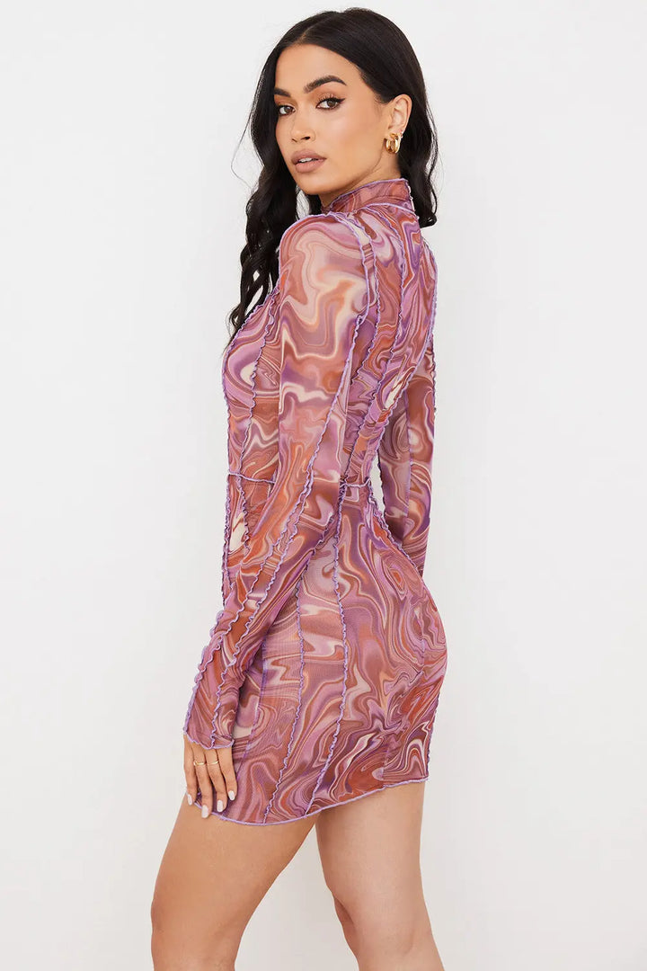 Bedrucktes Mesh Minikleid mit Spitze für Frauen Mivona