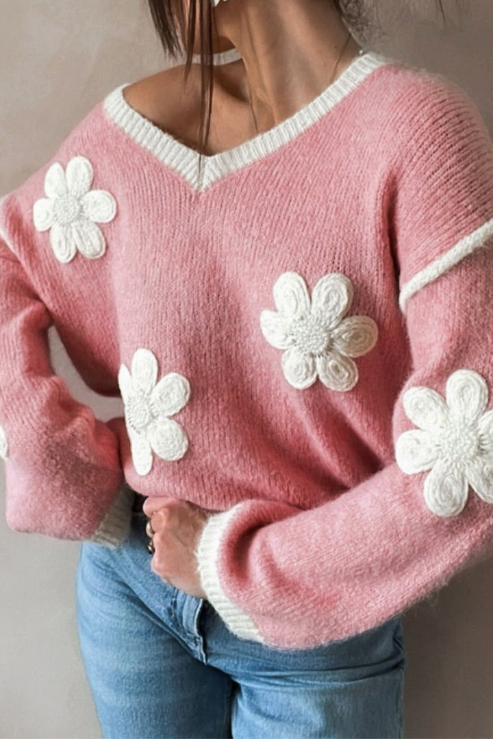 Rosa Strickpullover Mit Blumenmuster Und V-Ausschnitt Für Frauen Mivona