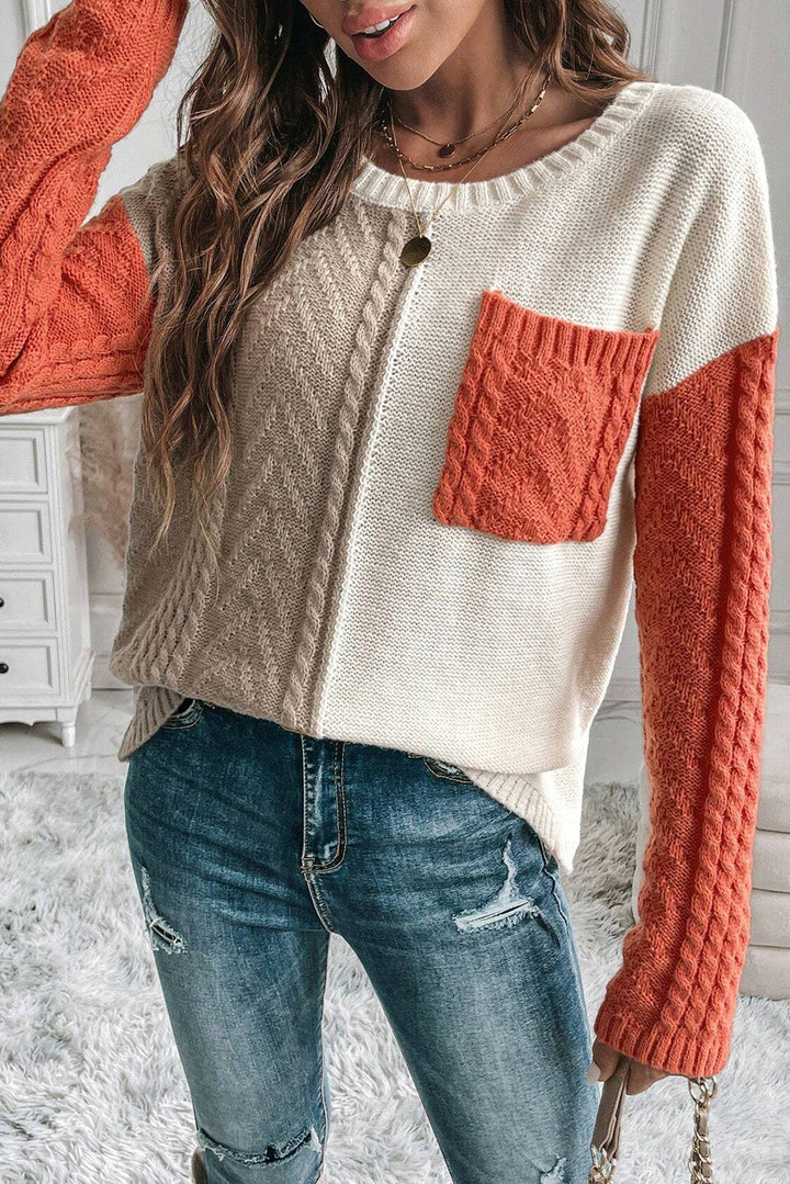 Goldfarbener Strickpullover Mit Farbblock Und Taschen Für Frauen Mivona