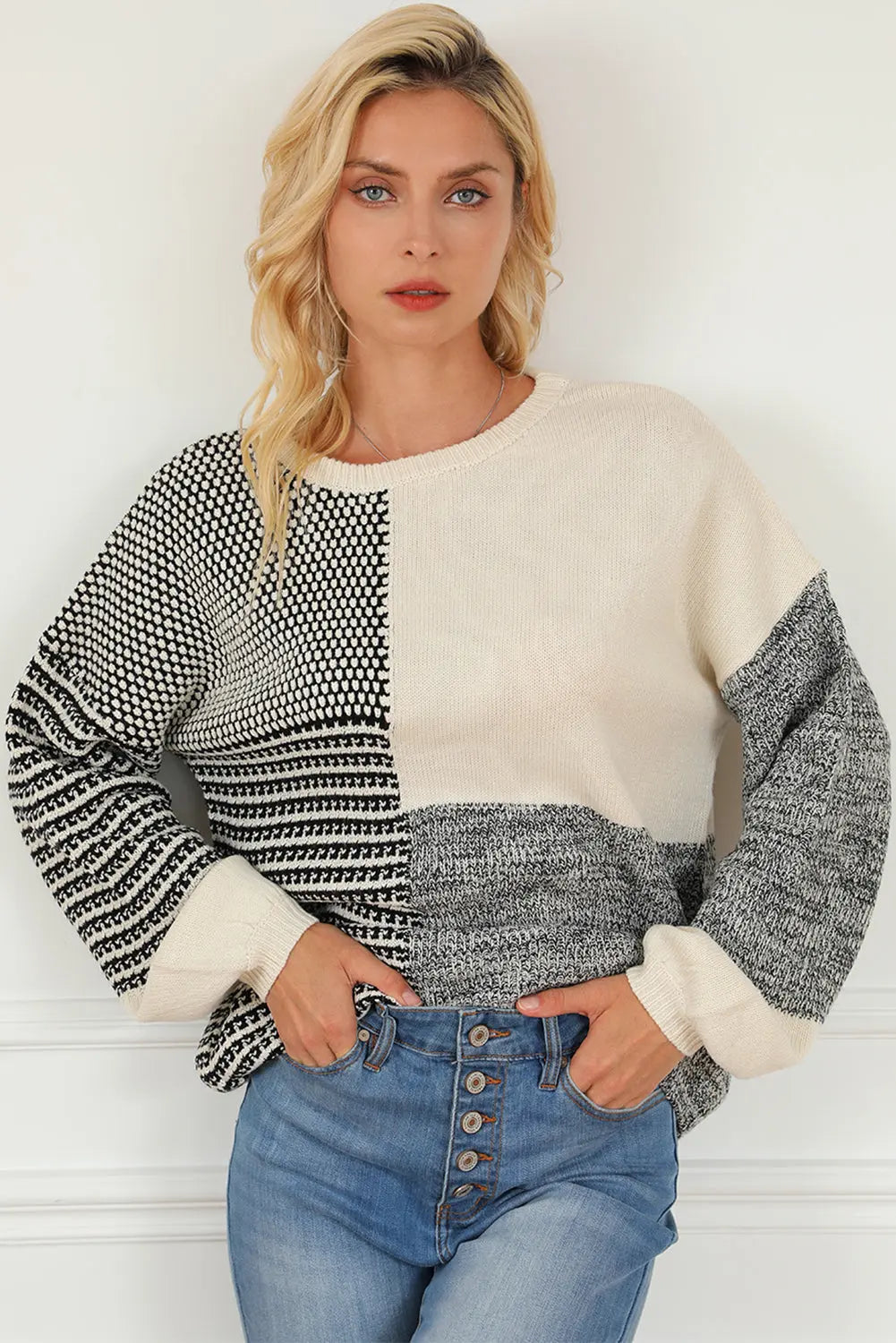 Schwarzer Colorblock-Pullover Mit Schleife Am Rücken Für Frauen Mivona