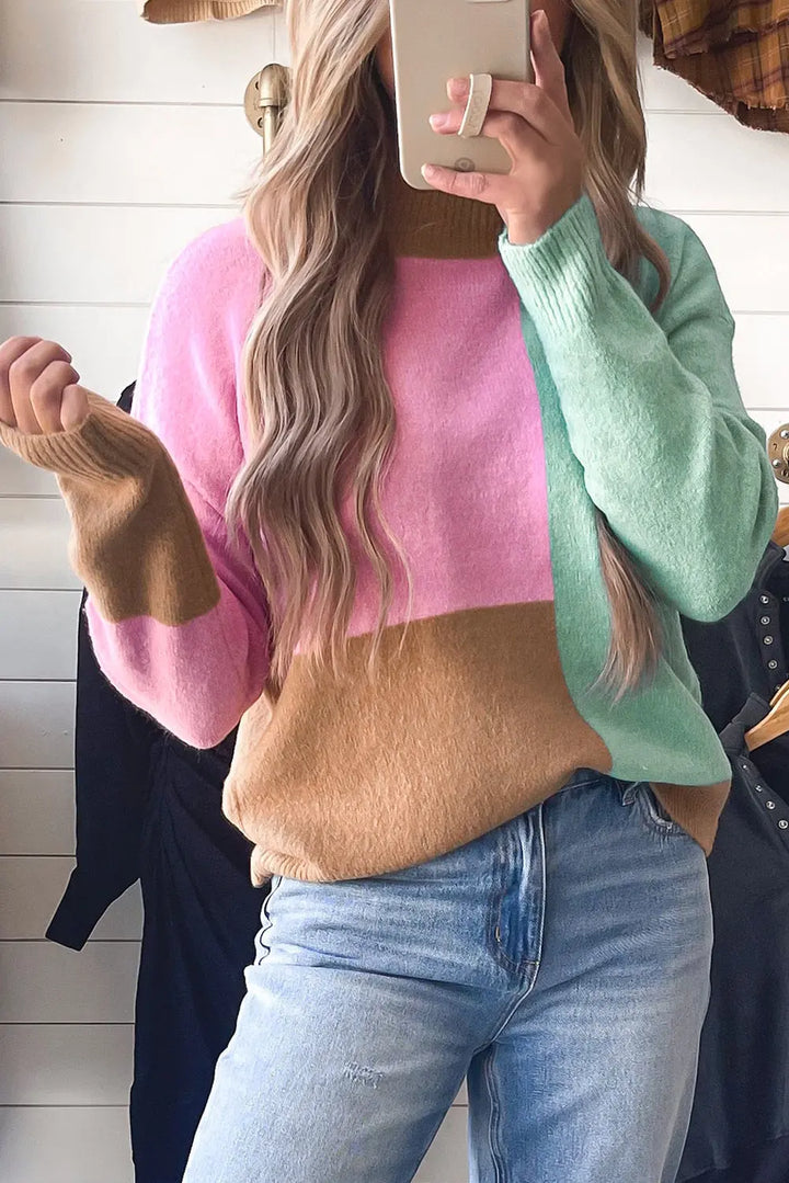Mehrfarbiger Rollkragenpullover Mit Geripptem Saum Für Frauen Mivona