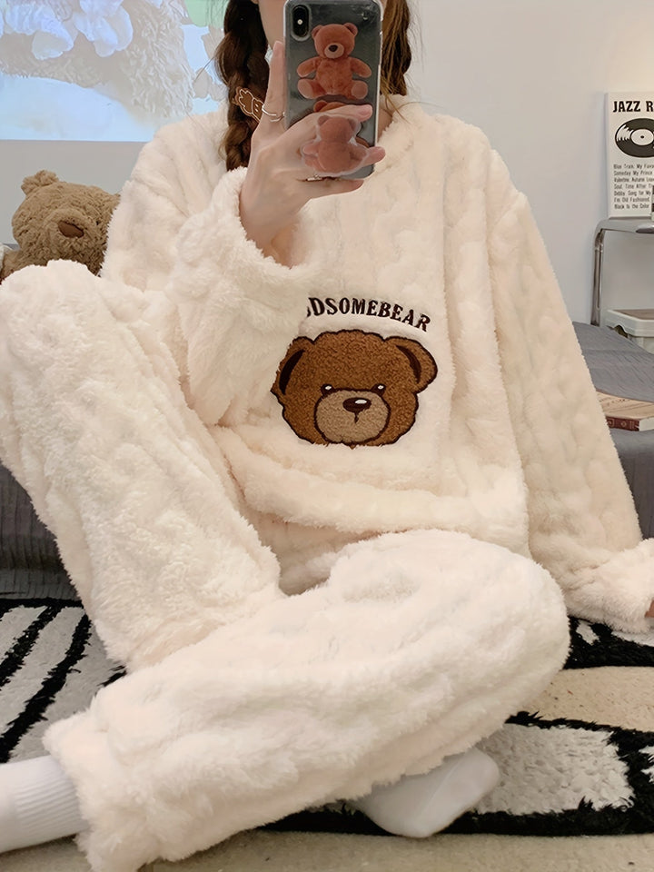 Fleece-Pyjama-Set mit Bärenstickerei Für Frauen