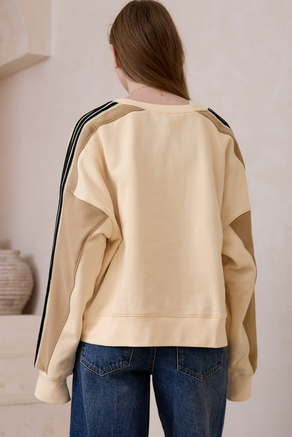 Beigefarbenes Sweatshirt mit Streifen-Patchwork Für Frauen Mivona