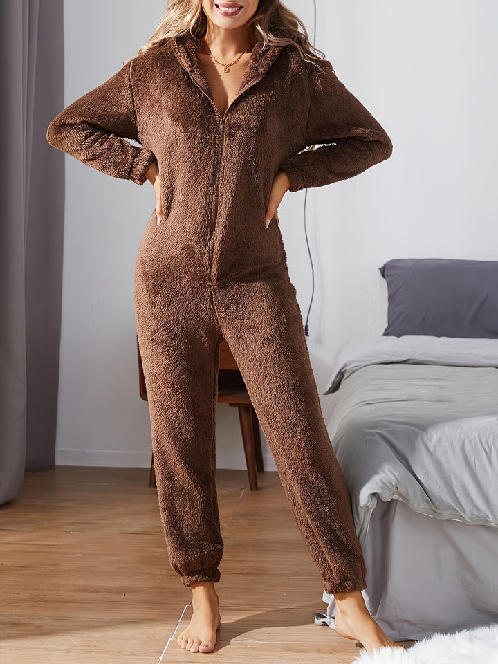 Gemütlicher Brauner Kapuzenoverall Für Lässigen Winterkomfort Für Frauen Mivona