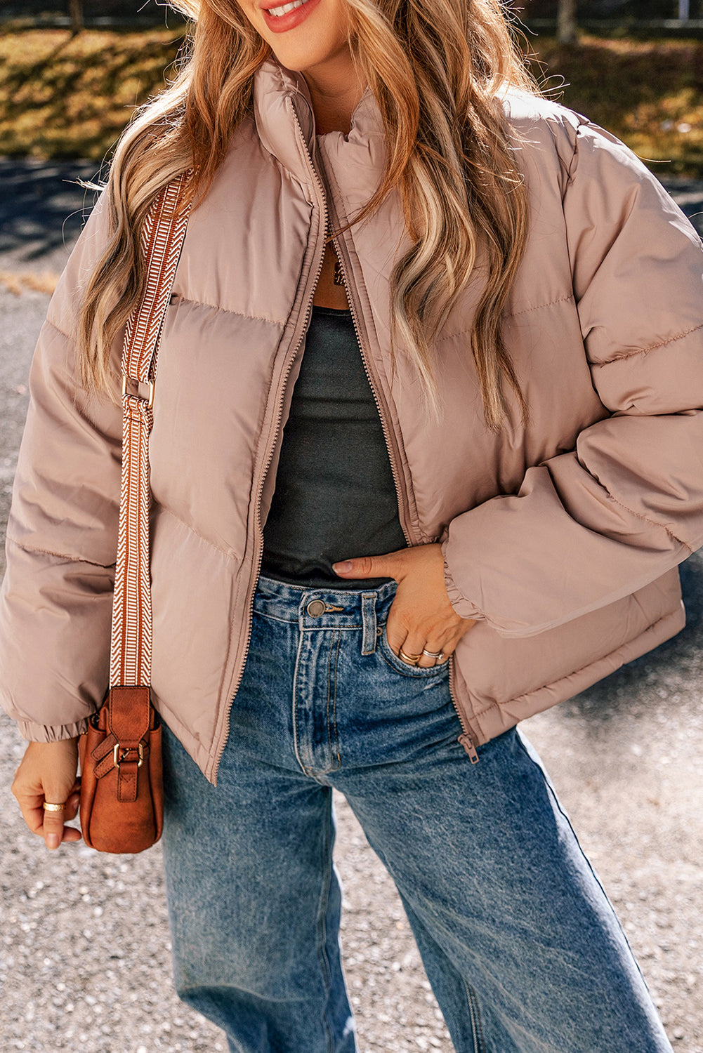 Elegante apricot-pinke Steppjacke mit Reißverschluss Für Frauen Mivona