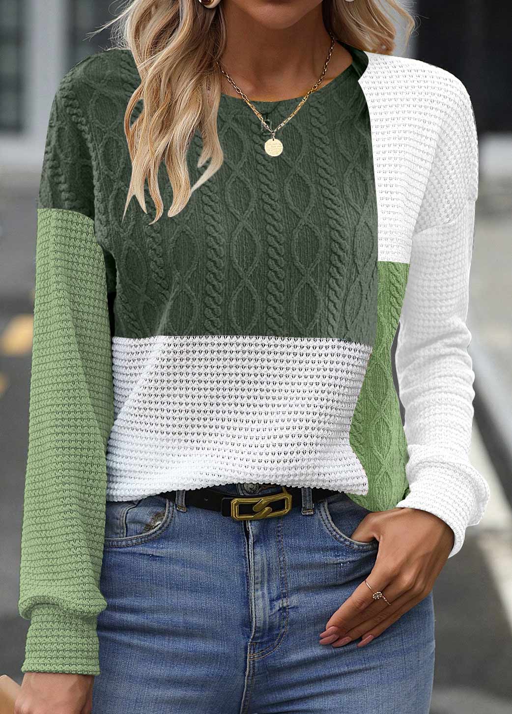 Stilvolles Rundhals-Sweatshirt Mit Langem Patchwork-Ärmel Für Frauen Mivona