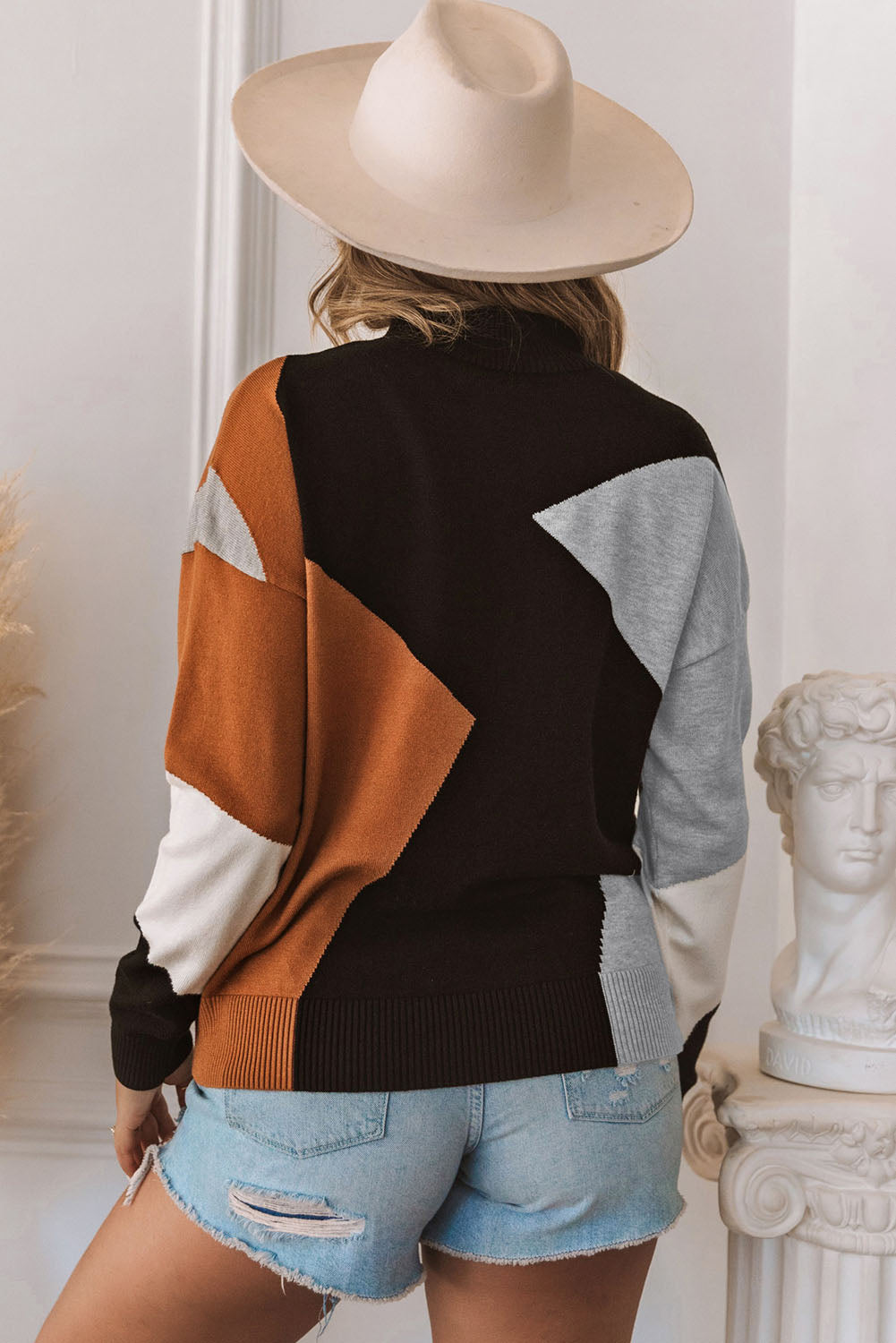 Oranger Strickpullover Mit Stehkragen Und Colorblock-Design Für Frauen Mivona