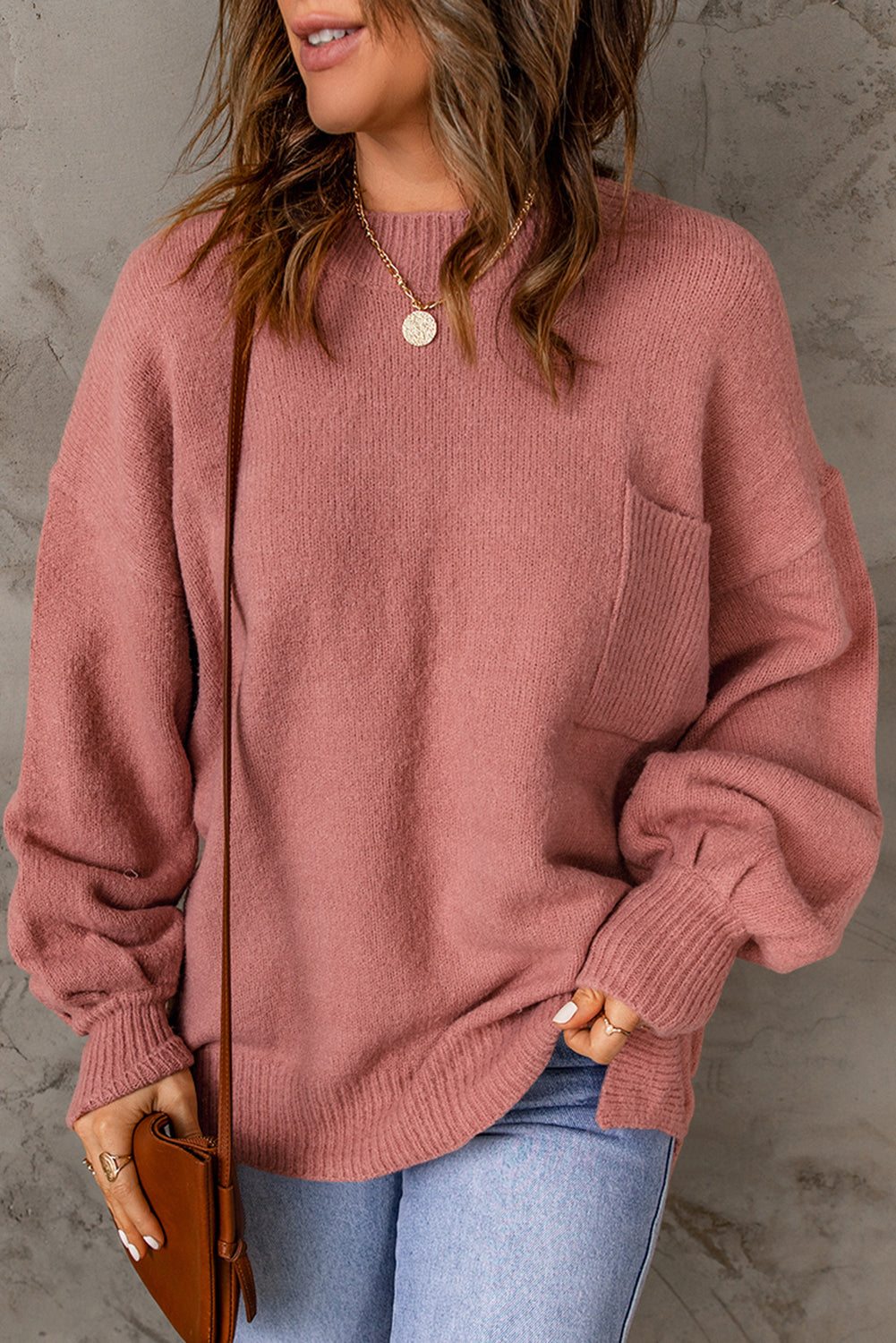 Unifarbener Pullover Mit Puffärmeln Und Taschen Für Frauen Mivona