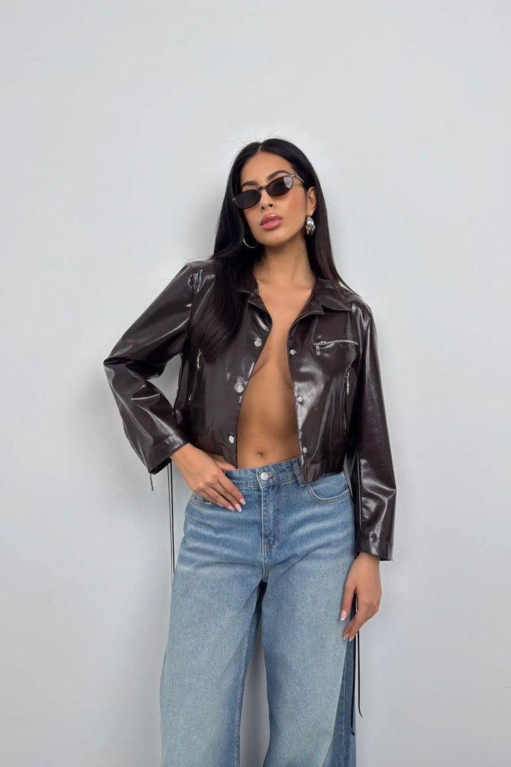 Braune Lederjacke mit Druckknöpfen für Frauen Mivona