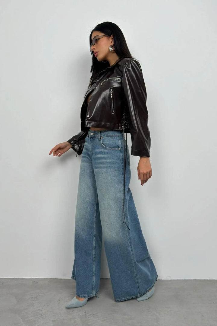 Braune Lederjacke mit Druckknöpfen für Frauen Mivona