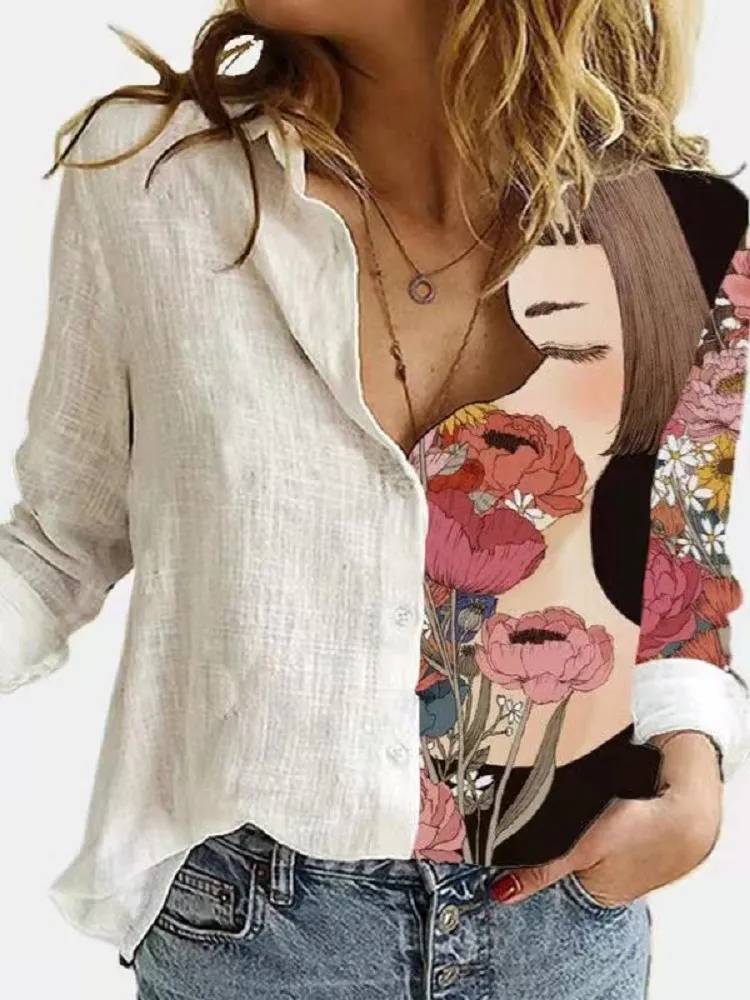 Baumwoll-Leinen-Bluse mit Knopfleiste für Damen