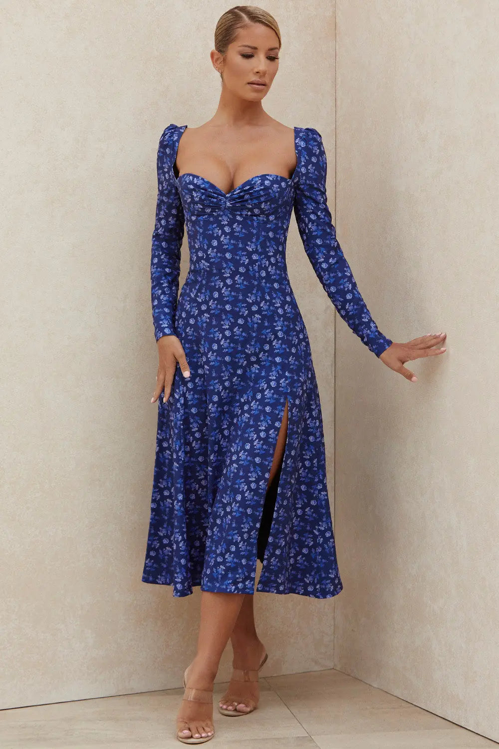 Farbiges Midikleid mit Puffärmeln und Blumenmuster für Frauen Mivona