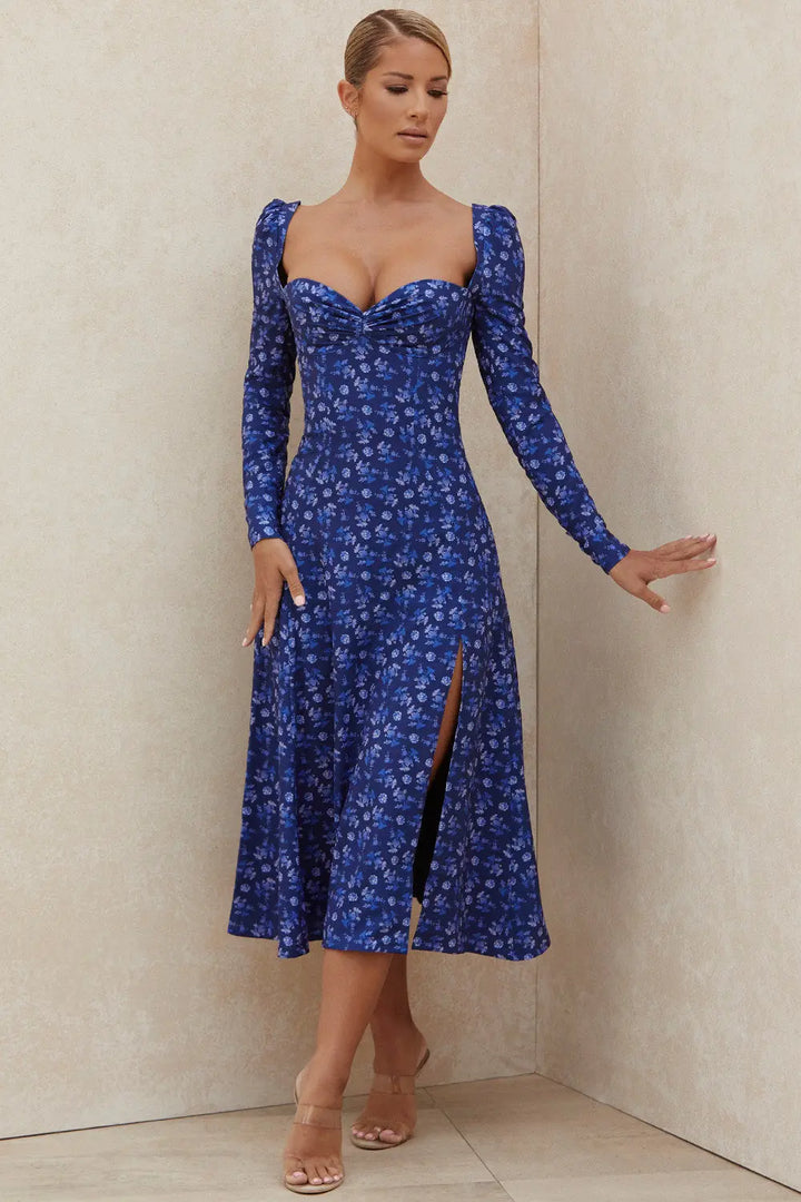 Farbiges Midikleid mit Puffärmeln und Blumenmuster für Frauen Mivona