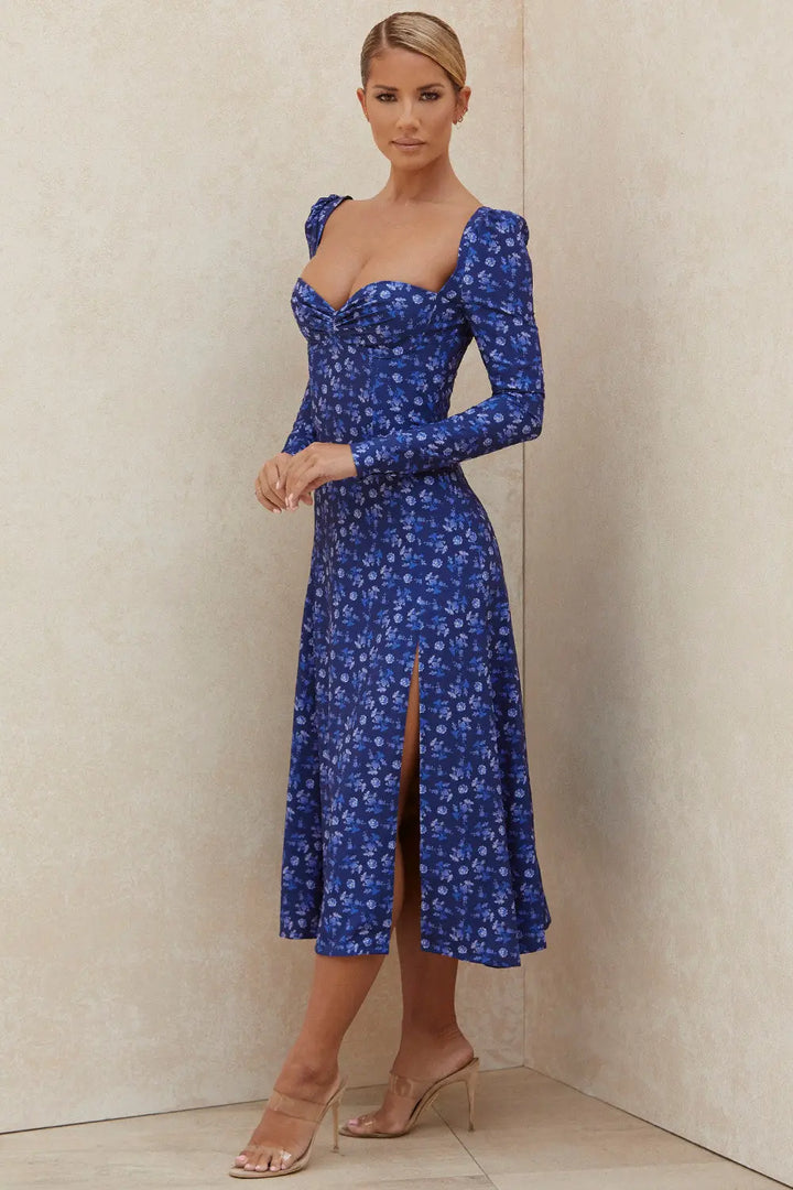 Farbiges Midikleid mit Puffärmeln und Blumenmuster für Frauen Mivona