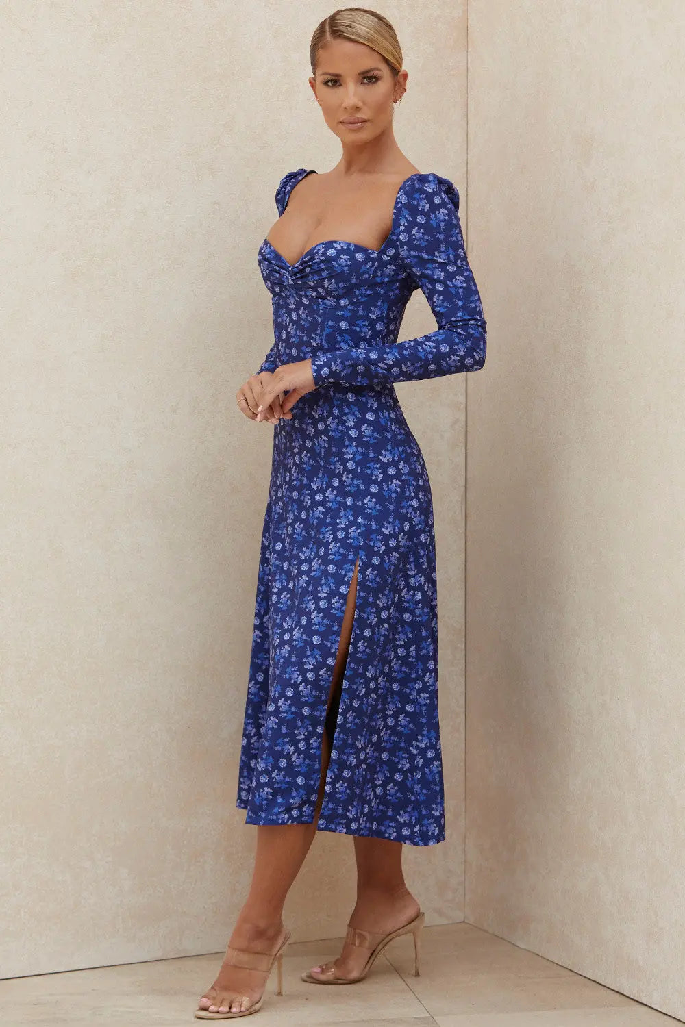 Farbiges Midikleid mit Puffärmeln und Blumenmuster für Frauen Mivona