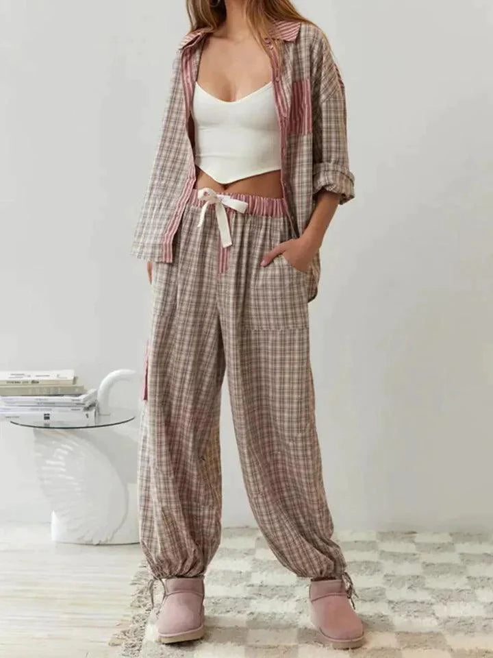 Klassisches Kariertes Pyjama-Set mit langen Ärmeln und Hose Für Frauen Mivona
