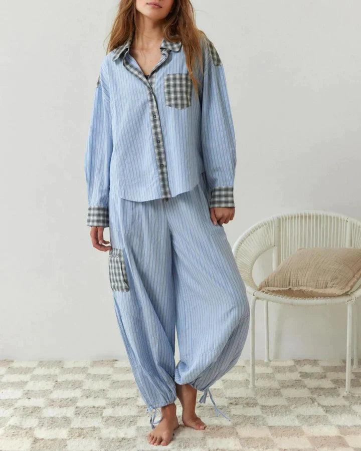 Klassisches Kariertes Pyjama-Set mit langen Ärmeln und Hose Für Frauen Mivona
