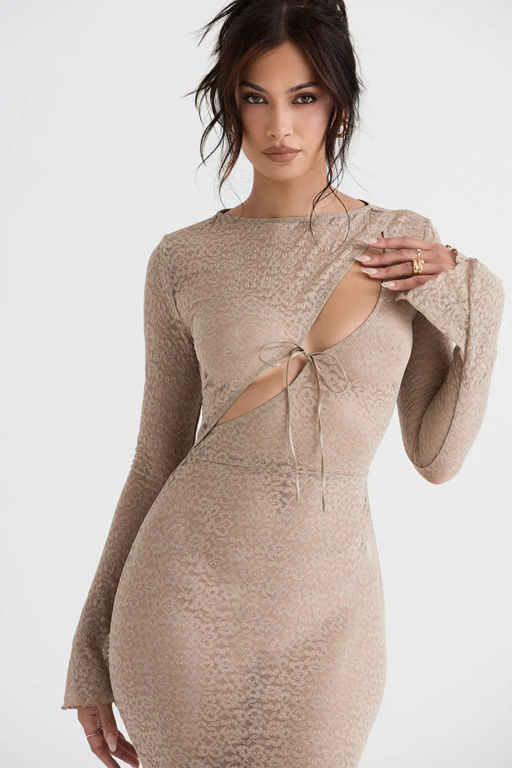 Maxikleid in Steinfarbe mit Floraler Spitze für Frauen Mivona