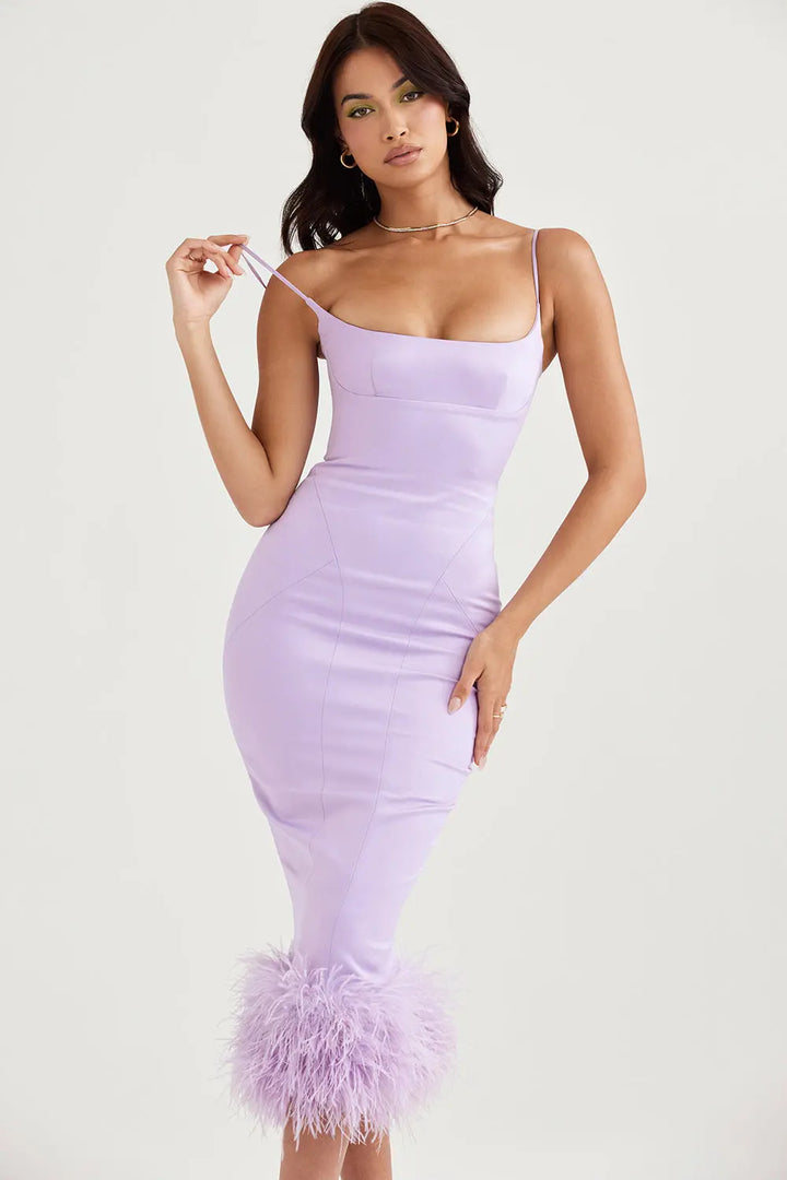 Orchideenfarbenes Satin Midikleid mit Federn für Frauen Mivona