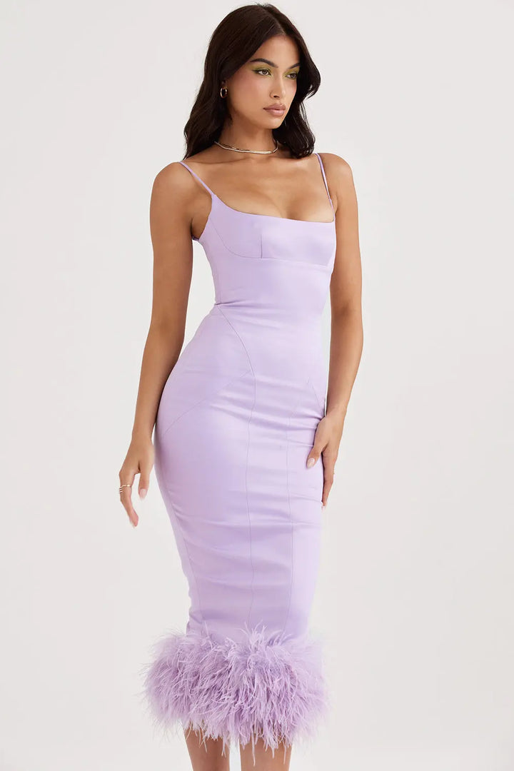 Orchideenfarbenes Satin Midikleid mit Federn für Frauen Mivona