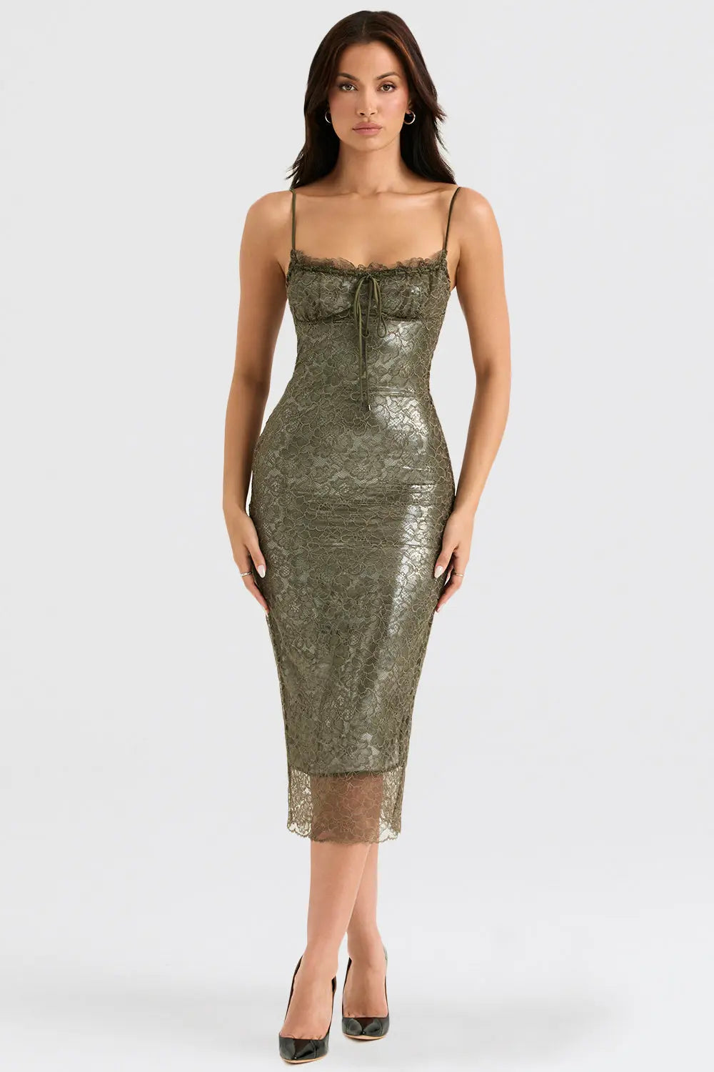 Olivgrünes Spitzen Midikleid mit Zeitloser Eleganz für Frauen Mivona