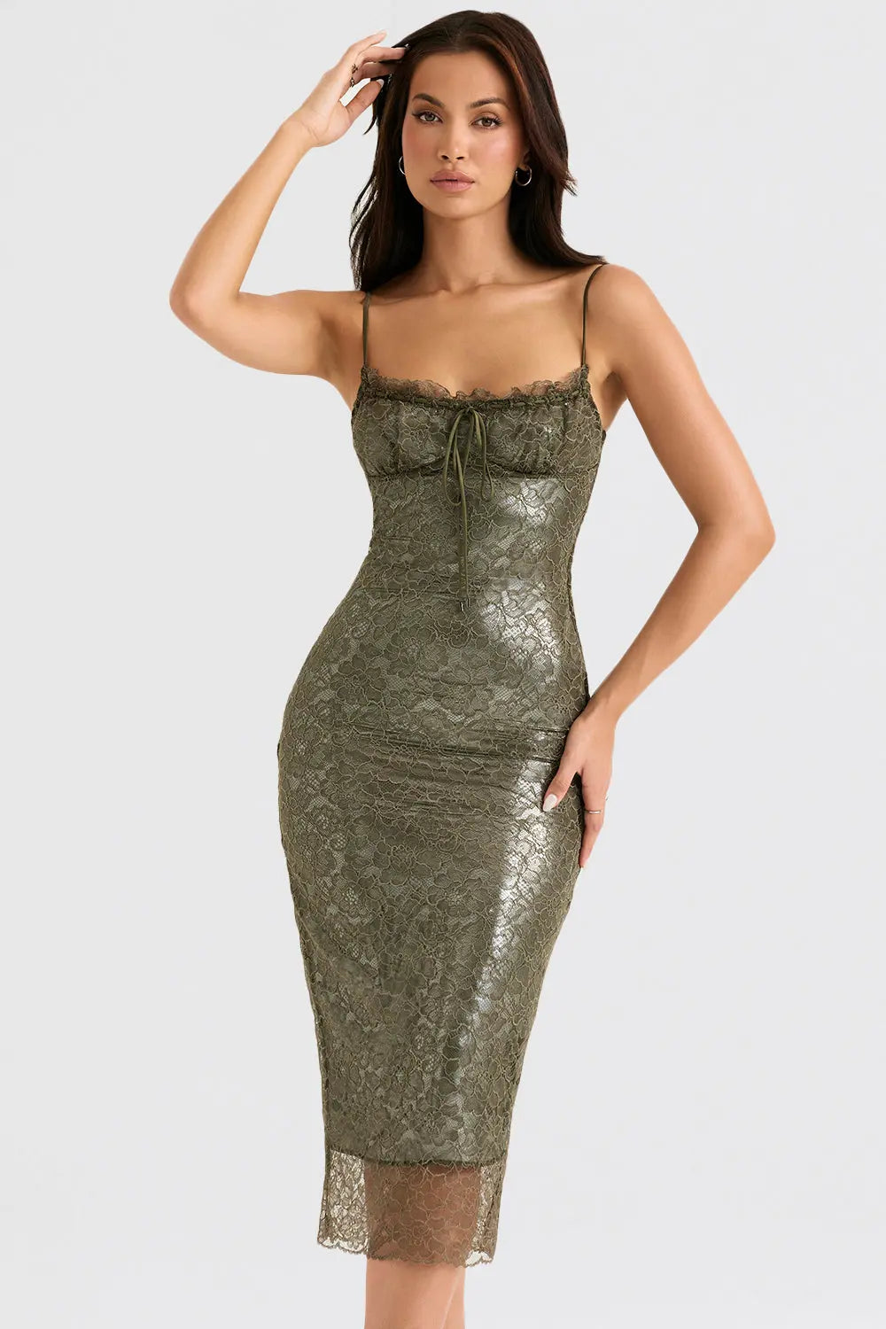 Olivgrünes Spitzen Midikleid mit Zeitloser Eleganz für Frauen Mivona