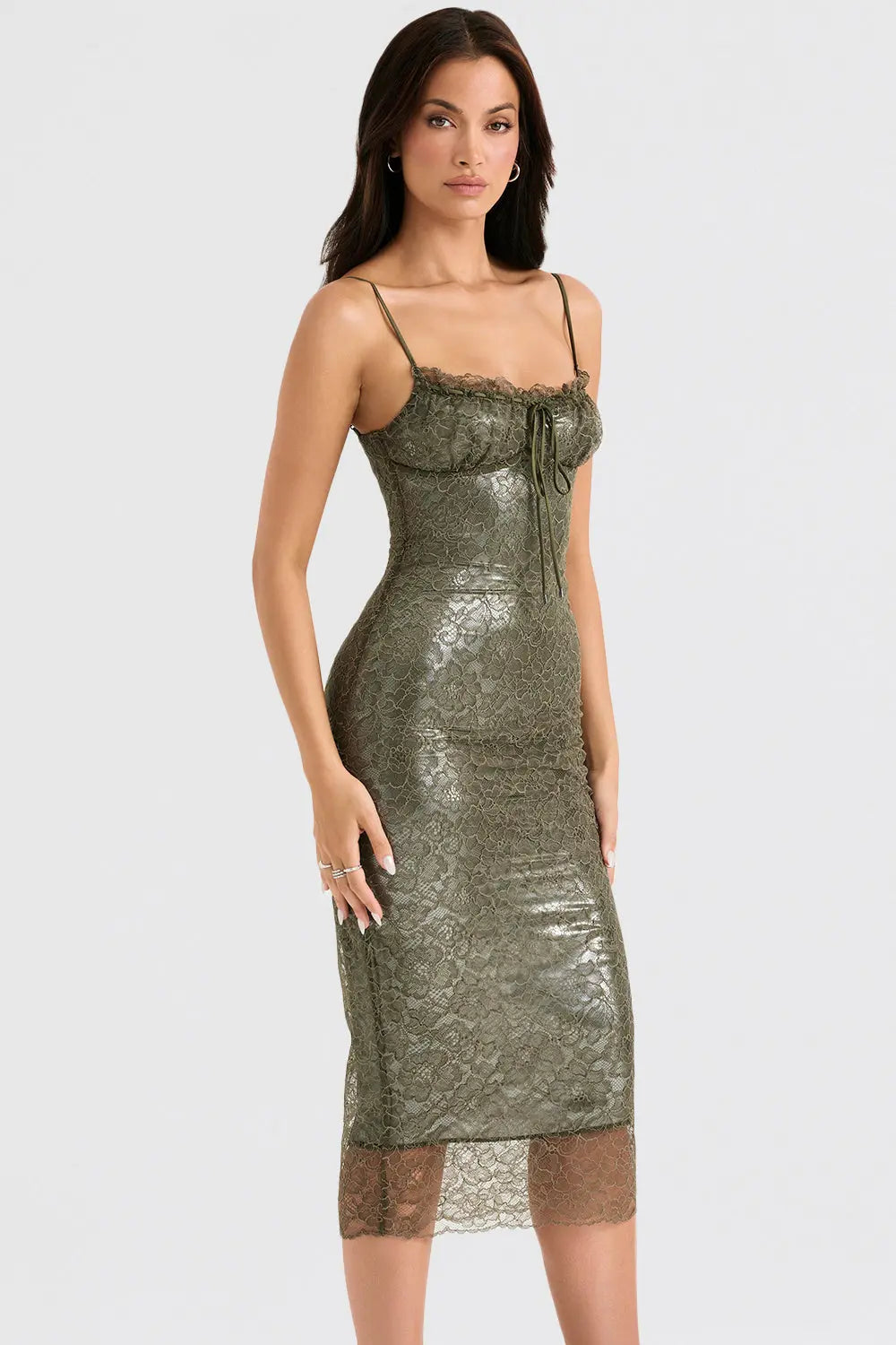 Olivgrünes Spitzen Midikleid mit Zeitloser Eleganz für Frauen Mivona